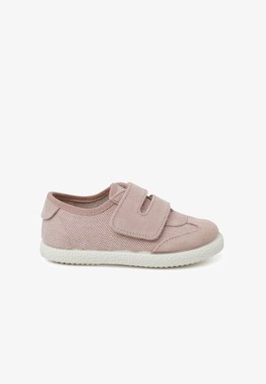 Pink suede and textile shoe with a Velcro strap, rounded toe, and a white textured rubber sole.Designed for comfort and ease of wear.