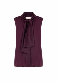 Blusa senza maniche color bordeaux realizzata in tessuto liscio, con dettaglio a fiocco sul collo e vestibilità rilassata. Design minimalista senza motivi.