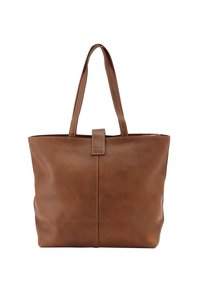 Braune Ledertasche mit zwei langen Trägern, einem Reißverschluss und einer flachen Oberseite. Besitzt ein gesticktes Muster und ein Detail mit vorderer Lasche.