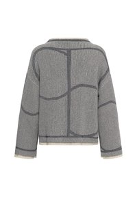 Pull gris en maille à manches longues avec des lignes abstraites noires et une bordure crème aux poignets et à l'ourlet, montré de dos sur fond blanc.