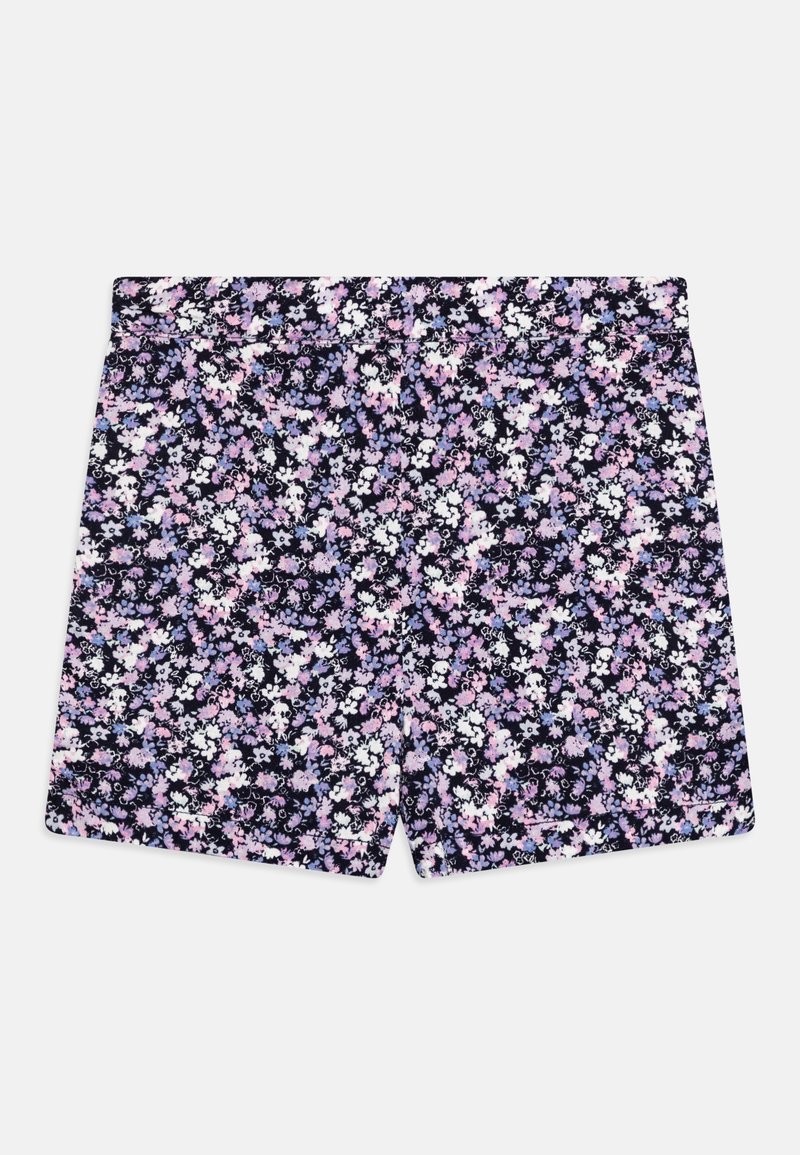 Shorts pour femmes avec un motif floral petit et complet en violet, rose, blanc et noir sur un fond blanc.