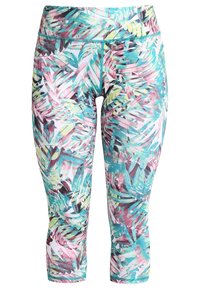 Legginsy z wielokolorowym wzorem tropikalnych liści w odcieniach zieleni, różu i niebieskiego. Wykonane z rozciągliwego, lekkiego materiału.