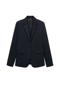 Blazer azul marino de tejido suave, con cuello con muesca, dos bolsillos frontales y cierre de un botón. Corte clásico ajustado.