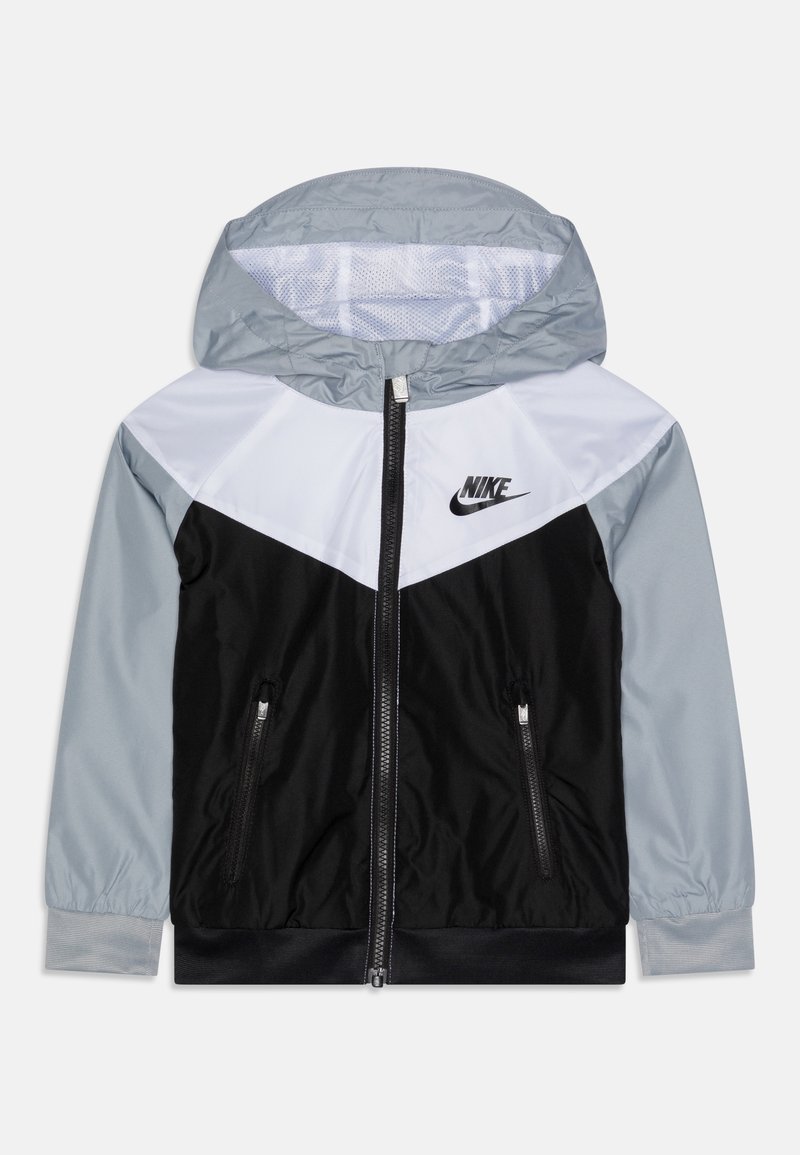 Hoodie jacket made of smooth material, in black, gray, and white, with a zipper, side pockets, and a Nike logo on the chest.
