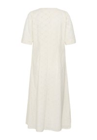 Off-white midi haljina s kratkim rukavima i suptilnim cvjetnim uzorkom s rupicama, prikazana s leđa na bijeloj pozadini.