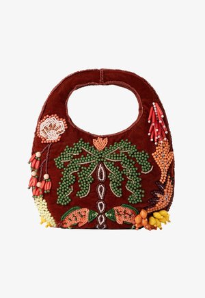 Petit sac à main rouge foncé avec une poignée circulaire, décoré de perles vertes, orange, jaunes et pêche formant des motifs floraux et abstraits.