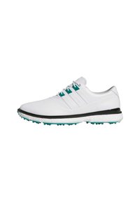 Białe buty golfowe z akcentami w kolorze turkusowym, białymi sznurówkami, czarnymi wykończeniami oraz teksturowaną podeszwą zaprojektowaną w celu zapewnienia przyczepności.