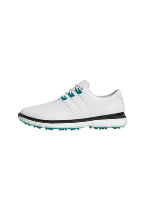 White golf shoe with teal highlights, white laces, black trim, and textured sole designed for grip.
