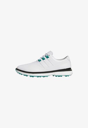 Zapato de golf blanco con detalles en áqua, cordones blancos, ribete negro y suela texturizada diseñada para un mejor agarre.