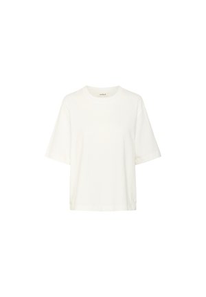 Hvid bomulds T-shirt med rund hals, korte ærmer og afslappet pasform. Glat tekstur, ingen mønstre eller accenter synlige.