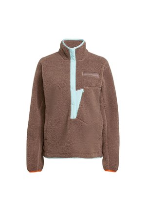 Pullover in pile marrone con collo alto, chiusura a mezza abbottonatura e pannello frontale azzurro chiaro. Presenta una tasca frontale e polsini con dettagli arancioni.