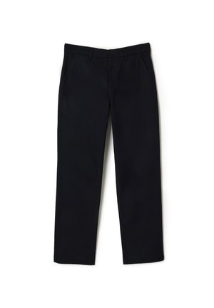 Dark navy cotton trousers with a straight-leg design, featuring front pockets and a single-button closure at the waist.