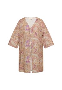 Acoperire în stil kimono, model paisley în nuanțe de auriu, roz și mov. Mâneci scurte, decolteu în V, deschis în față, material ușor cu o textură moale.