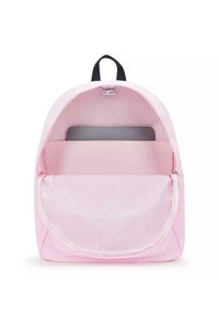 Mochila rosa con forma redondeada, que cuenta con un bolsillo frontal con cremallera, tejido suave y una etiqueta en el interior. Compartimento para un ordenador portátil o una tableta.
