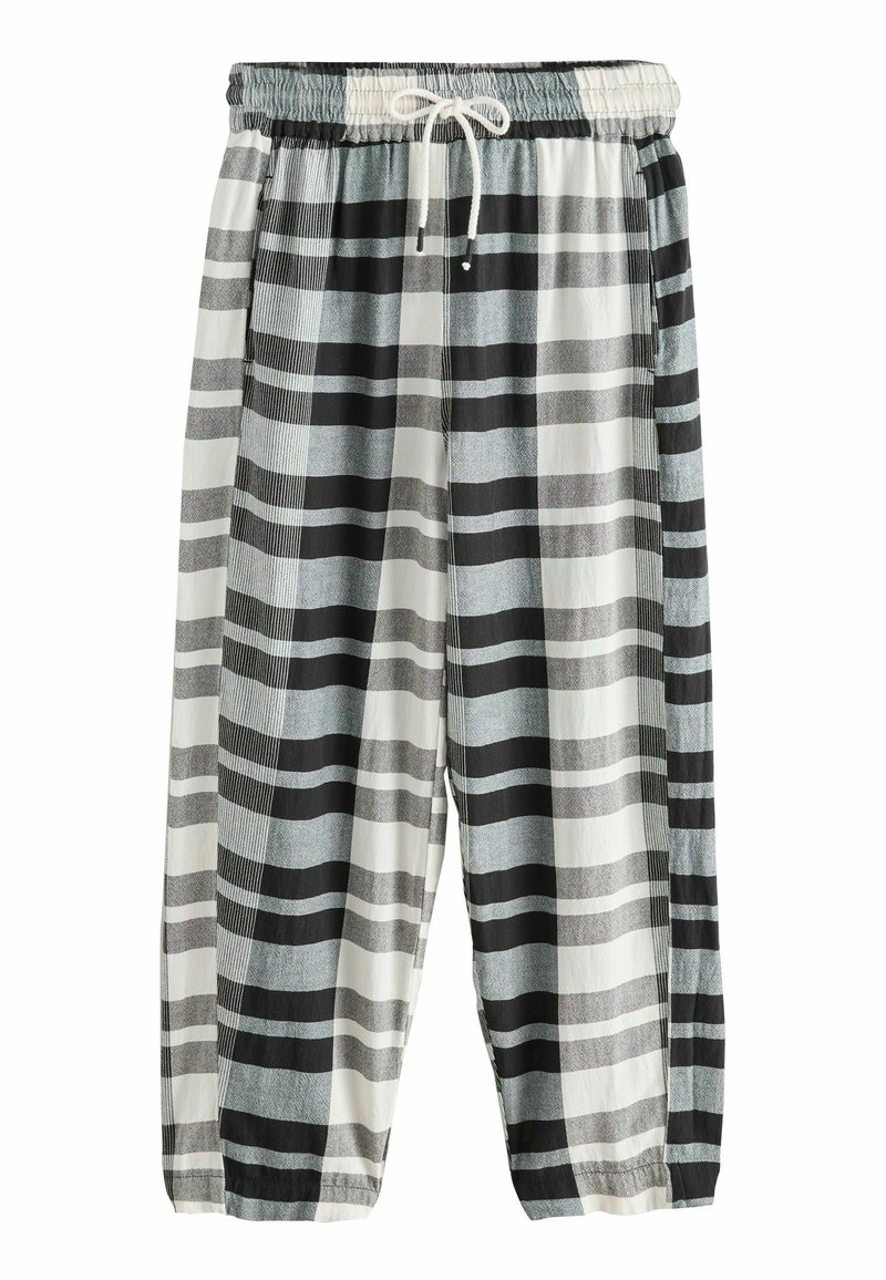 Pantalones ligeros de cuadros con una cintura elástica, que presentan franjas alternas en negro, gris y blanco, y un cordón funcional.