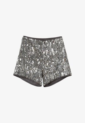 Pantaloncini argento con paillettes, dotati di una fascia in vita aderente e fodera interna nera. Presentano file verticali di paillettes per una finitura testurizzata e riflettente.