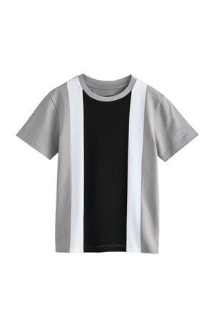 Kurzärmliges T-Shirt mit grauen, weißen und schwarzen Paneelen; gerippte Textur im schwarzen Mittelteil; Rundhalsausschnitt.