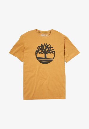 Kurzärmliges T-Shirt in Senfgelb aus Baumwolle, mit einem großen schwarzen Baum-Logo mittig auf der Vorderseite. Glatte Textur, klassischer Schnitt.