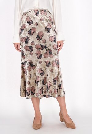 Midikleid mit Blumenmuster aus weichem Samt in sanftem Beige, mit rosa und schwarzen Blumen, weitem Saum und elastischem Bund.