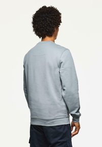Sudadera gris claro con mangas largas y un cuello redondo, con un sutil detalle de costura en la parte posterior y puños y dobladillo acanalados.