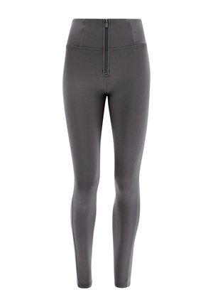 Graue Leggings mit hohem Bund, ausgestattet mit einem Reißverschluss vorne und einem glatten, dehnbaren Material für einen figurnahen Look. Keine Muster oder Akzente.