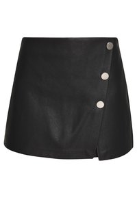 Minifalda negra de cuero sintético con diseño cruzado, con tres botones plateados en la parte delantera para cierre. Textura suave.