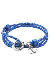 Blue braided rope bracelet with silver metal accents, featuring an anchor and a loop clasp. The rope has a glossy finish and textured pattern.