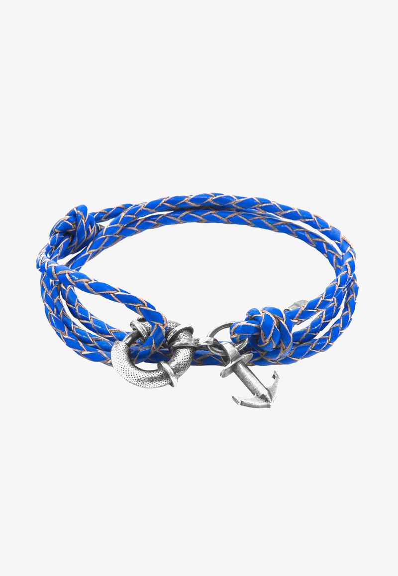 Blue braided rope bracelet with silver metal accents, featuring an anchor and a loop clasp. The rope has a glossy finish and textured pattern.