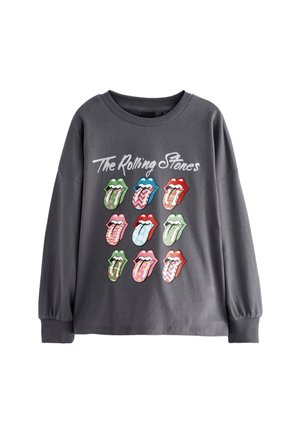 Siva majica s dugim rukavima koja sadrži šarene logotipe jezika raspoređene u mrežu s tekstom "The Rolling Stones" iznad. Mekani pamuk.
