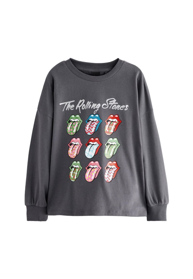 Graues Langarmshirt mit bunten Zungen-Logos, die in einem Gitter angeordnet sind, und dem Text "The Rolling Stones" darüber. Aus weichem Baumwollmaterial.