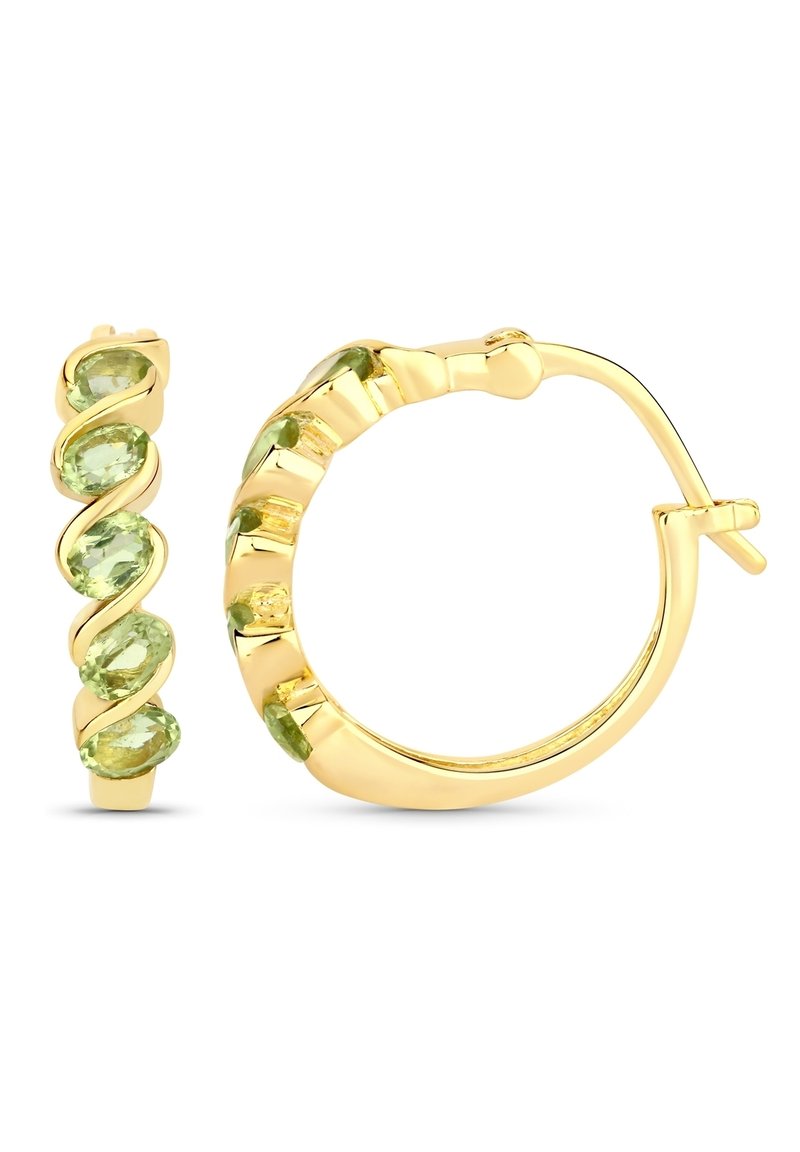 Goldene Creolen mit gedrehter Gestaltung, die mehrere hellgrüne Edelsteine an der Vorderseite haben, mit glatter Oberfläche und sicherem Verschluss.