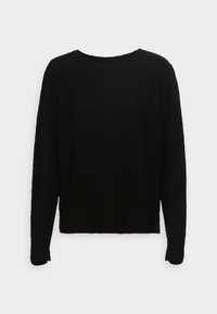 Suéter de punto negro de manga larga con cuello redondo y textura acanalada. Diseño simple con dobladillo recto y ajuste relajado. Sin patrones ni acentos.