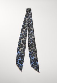 Silk scarf featuring a black, blue, and green floral pattern. Thin, elongated design with pointed ends and a visible logo.