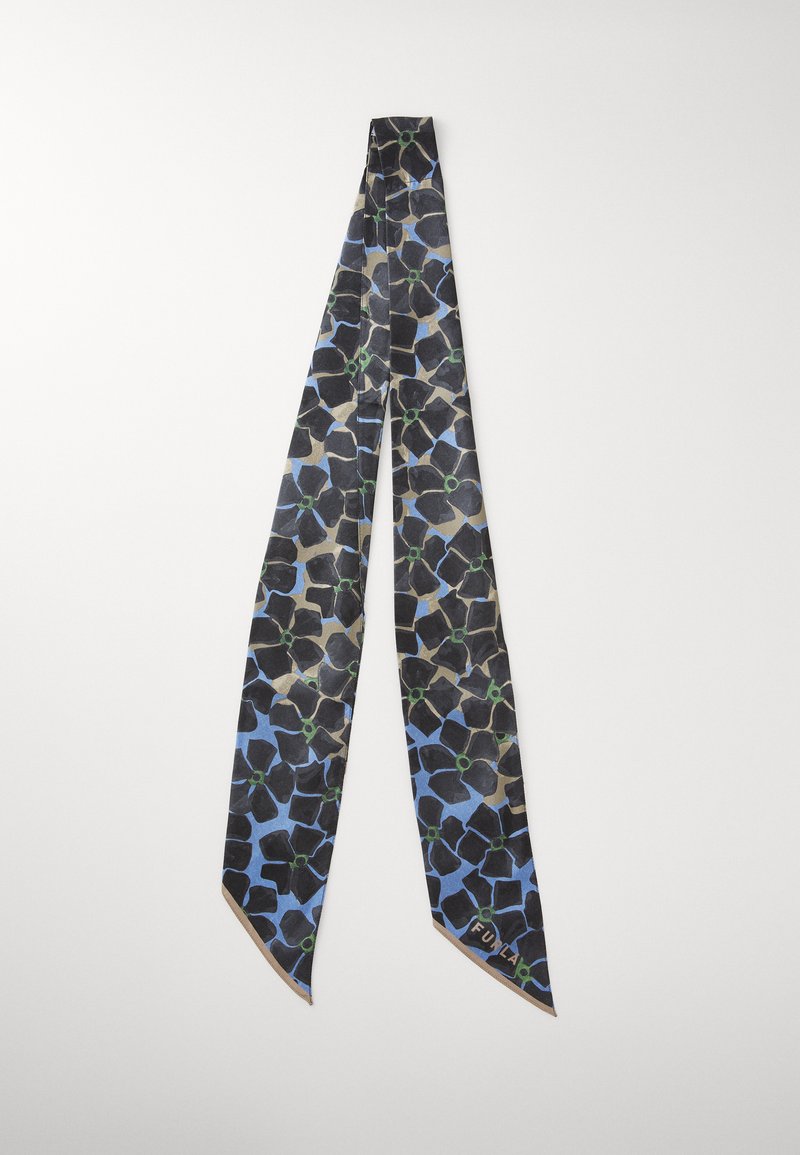 Silk scarf featuring a black, blue, and green floral pattern. Thin, elongated design with pointed ends and a visible logo.