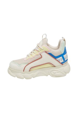 Tömeges sneaker, hálós és szintetikus felsőrésszel, pasztell rózsaszín, kék és sárga árnyalatokkal. Vastag fehér gumitalp, texturált részletekkel.