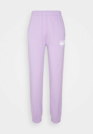 Svetgrå joggingbukser med elastisk talje og manchetter, med hvidt brandingtekst på det øverste venstre lår.