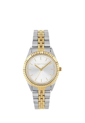 Zweifarbige silberne und goldene Armbanduhr mit rundem Zifferblatt, goldenem Gehäuse, minimalistischem Zifferblatt und Gliederarmband aus Metall, die die Zeit 10:10:36 anzeigt.