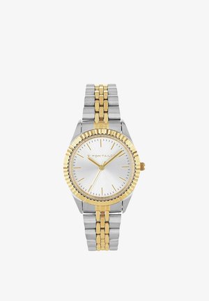 Zweifarbige silberne und goldene Armbanduhr mit rundem Zifferblatt, goldenem Gehäuse, minimalistischem Zifferblatt und Gliederarmband aus Metall, die die Zeit 10:10:36 anzeigt.