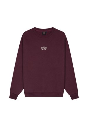 Donkerpaarse trui met lange mouwen en ronde hals, met een klein wit rond logo in het midden van de borst.