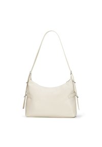 Borsa a spalla in pelle color crema con una sola tracolla, forma rettangolare e dettagli in metallo argentato su entrambi i lati.