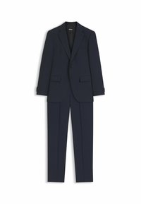 Costume deux pièces bleu marine pour homme avec veste à simple boutonnage à revers crantés et pantalon droit assorti.