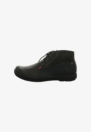Schwarze Leder-Ankle-Boots mit glatter Oberfläche, runder Zehenform und Schnürdesign. Die Seitenpartie hat eine strukturierte Akzentuierung. Gummi-Sohle für besseren Grip.