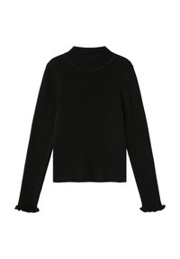 Maglione nero a collo alto con maniche lunghe e polsini arricciati; texture a maglia; colore uniforme; silhouette aderente.
