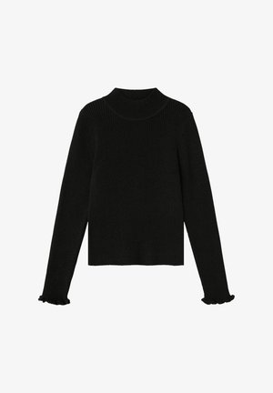 Melnas rāvējslēdzēja turtleneck džemperis ar garām piedurknēm un viļņotām aprocēm; adīta tekstūra; viendabīga krāsa; pieguļošs siluets.