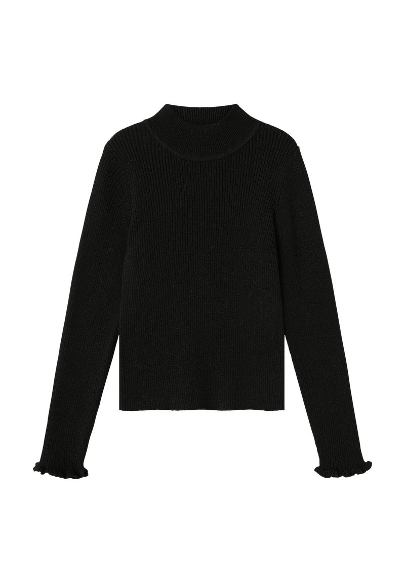 Maglione nero a collo alto con maniche lunghe e polsini arricciati; texture a maglia; colore uniforme; silhouette aderente.