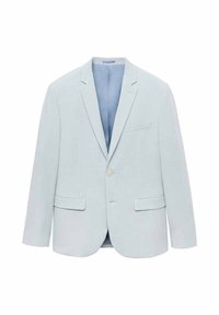 Jasnoniebieska marynarka wykonana z gładkiego materiału, z dwoma bocznymi kieszeniami, zapinana na jeden guzik oraz z ząbkowanym kołnierzem.