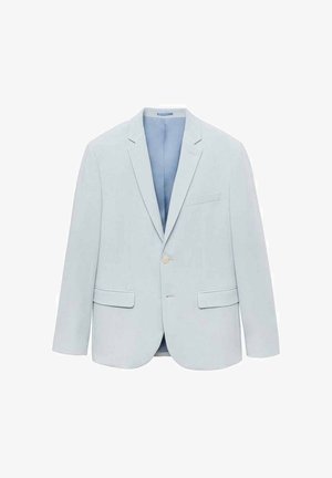 Svijetloplavi sako od glatkog materijala, s dva bočna džepa, zatvaranjem na jedan dugme i dizajnom revera.