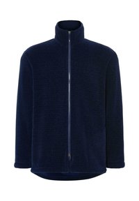 Chaqueta de forro polar azul marino con un cuello alto, cremallera frontal completa y textura acanalada. Presenta un corte relajado y un dobladillo curvado para mayor comodidad.