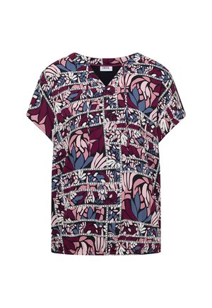 Blouse à manches courtes avec motif floral abstrait et chaînettes en rose, violet et bleu, dotée d'un col en V avec un détail noué à l'avant.
