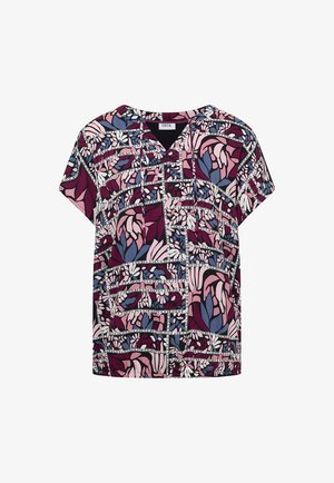 Blusa de manga corta con patrón floral abstracto en rosa, púrpura y azul, combinado con eslabones de cadena, que presenta un escote en V con detalle de lazo delantero.